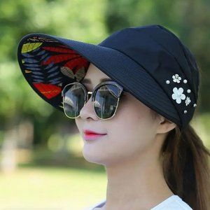 Floral Embellished Black Sun Hat